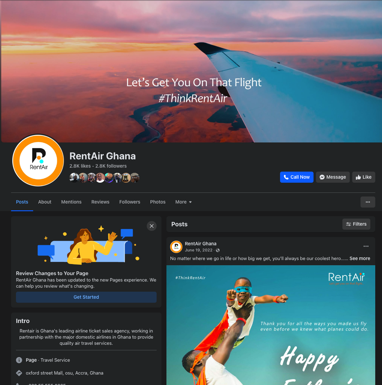 Archived RentAir Ghana social media page